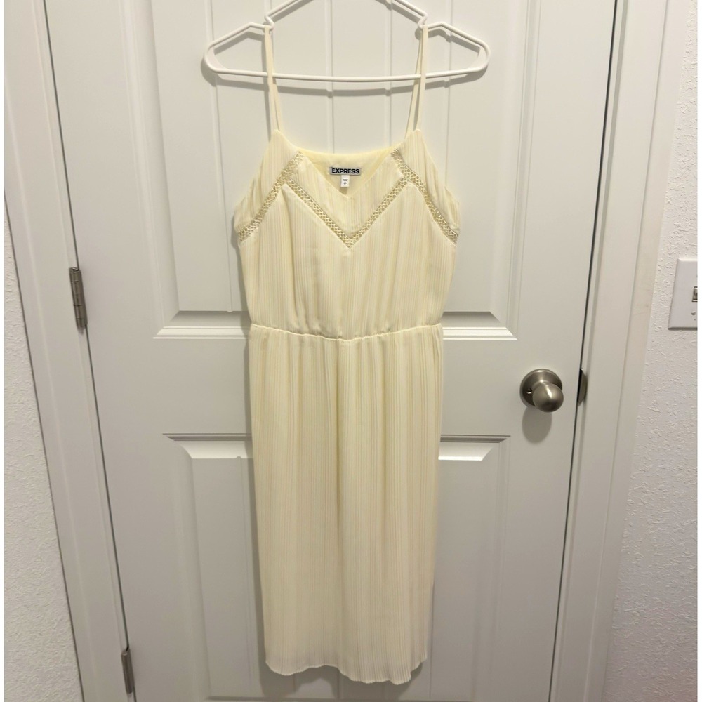 Express Ivory Pleated Lace Trim V-Neck Spaghetti Strap Midi Dress Size S